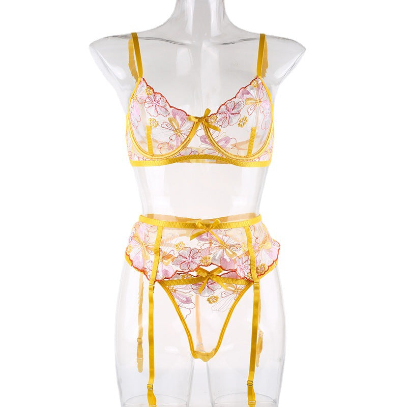 New Yellow Embroidered Flower Sexy Lingerie Three-Piece Set