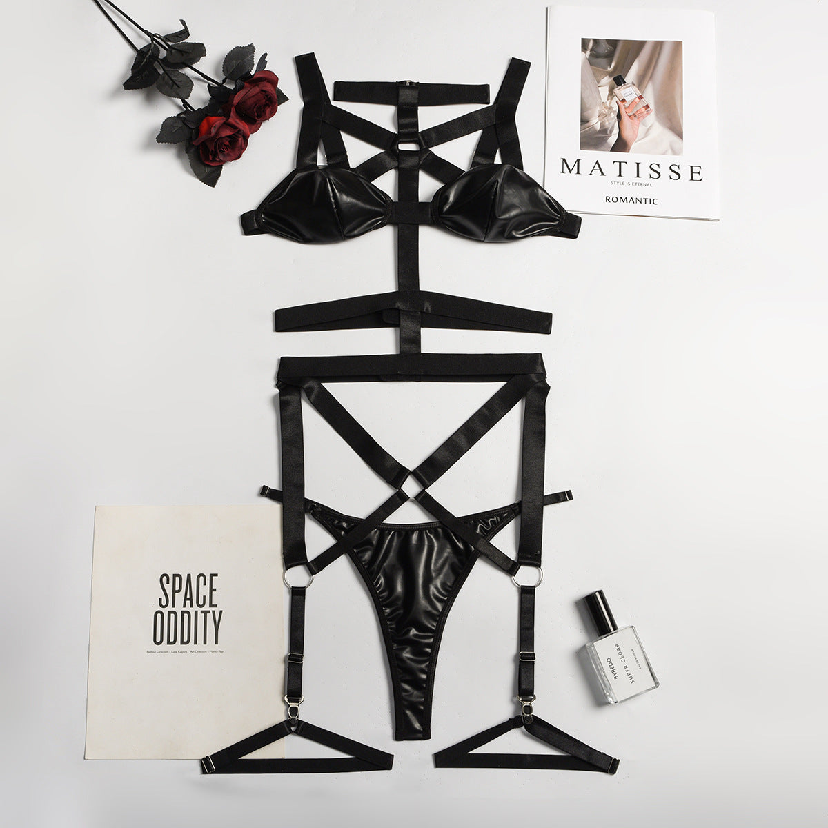 PU Leatherette Cross Strap Patchwork Lingerie Set