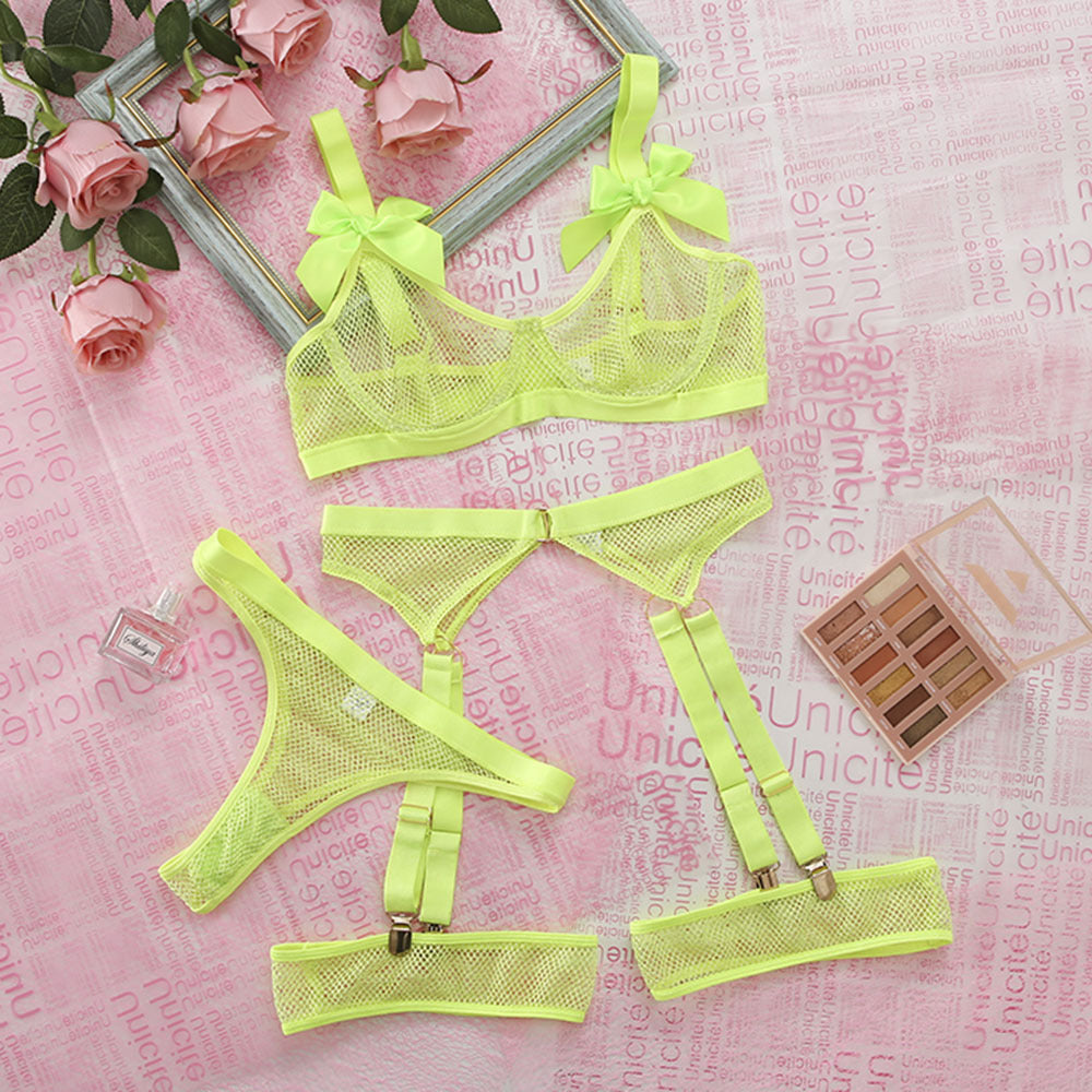 Lace Fluorescent Color Breathable Mesh Sexy Lingerie Three-piece Set