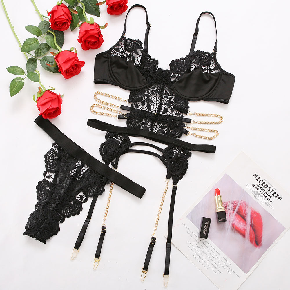 Three-Point Hollow Black Sexy Backless Lace Lingerie Set