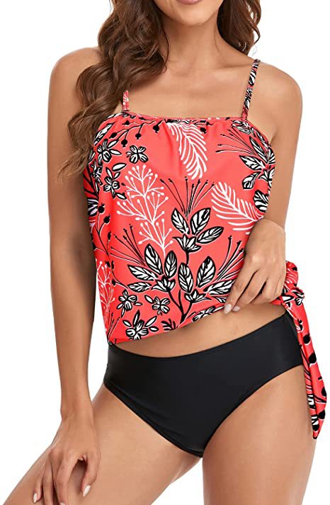 Striped & Floral Print Relaxed Knotted Tankini