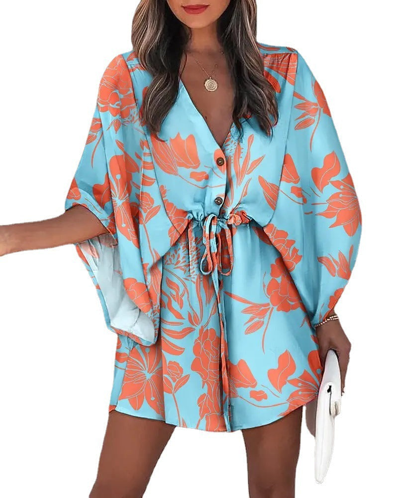 Flying sleeves printed beach dress