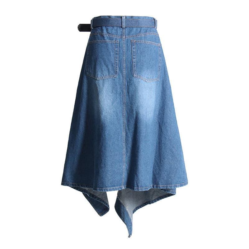 High waist stitching irregular denim skirt