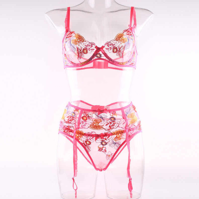 New Erotic Lingerie Flower Embroidery Bra Three-Piece Set