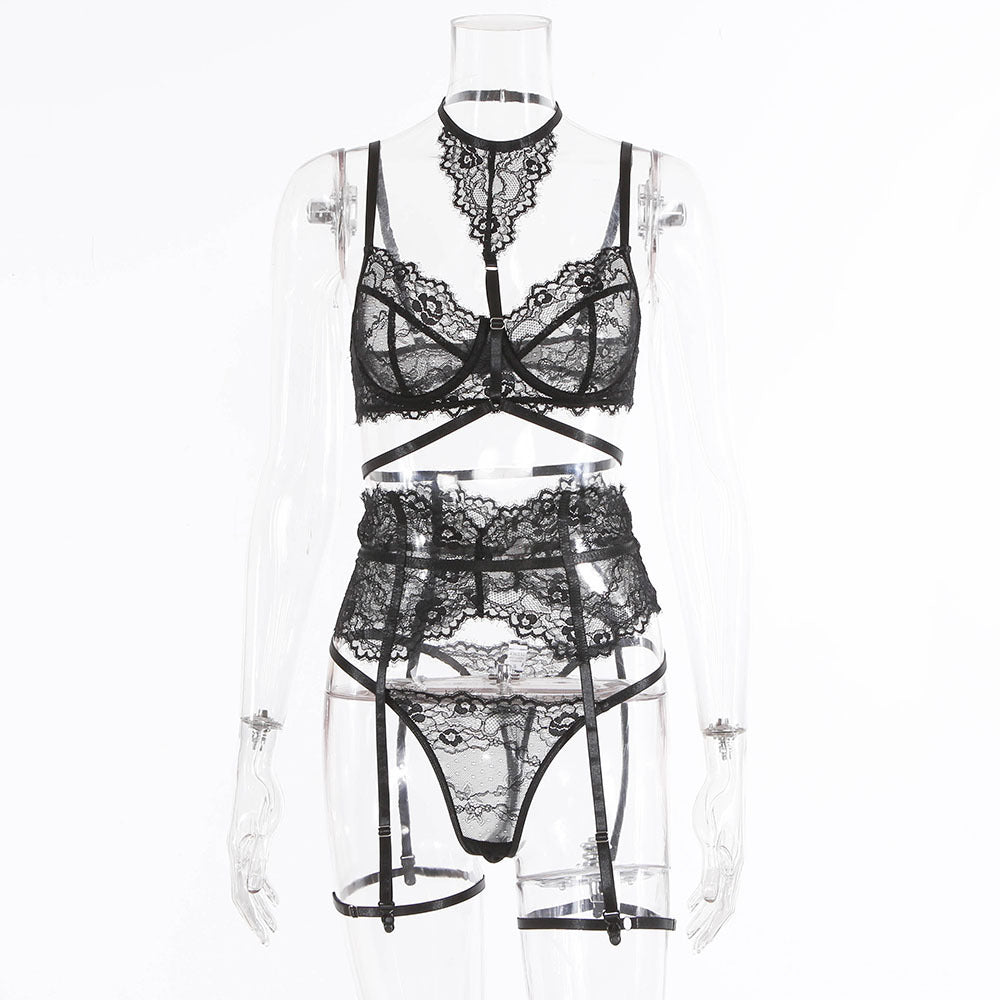 Lace Eyelash Stitching Cross Three Piece Lingerie Set