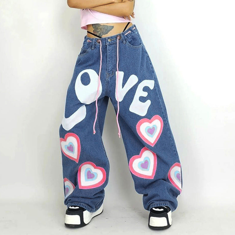 Graffiti printed floor-length wide-leg jeans