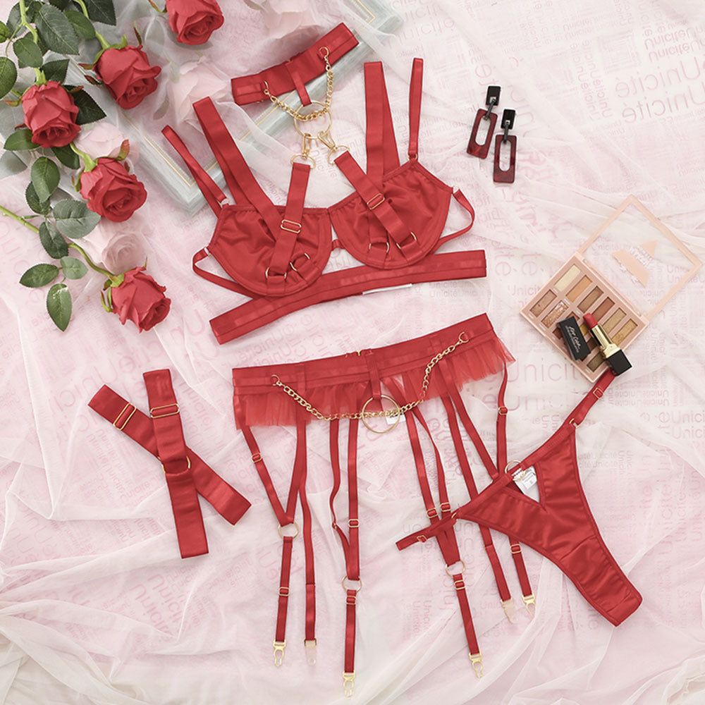 Satin Lace Strappy Hollow Out Bandage Sexy Lingerie Set