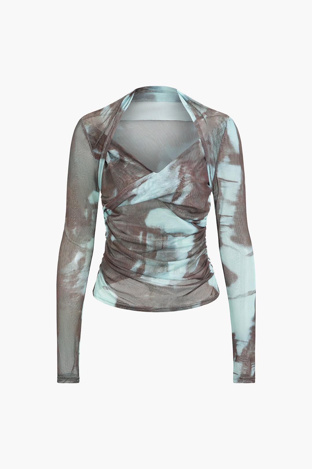 Tie Dye V-Neck Twist Front Mesh Ruched Long Sleeve Top