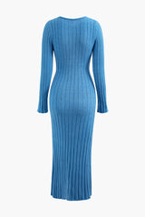 Twist Front Cut Out Rib Knit Split Long Sleeve Maxi Dress