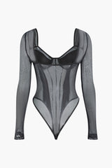 V-neck Mesh Long Sleeve Bodysuit