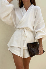 V-neck Belted Long Sleeve Shirt And Elastic Waist Shorts Set