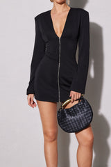 V-neck Zipper Long Sleeve Mini Dress