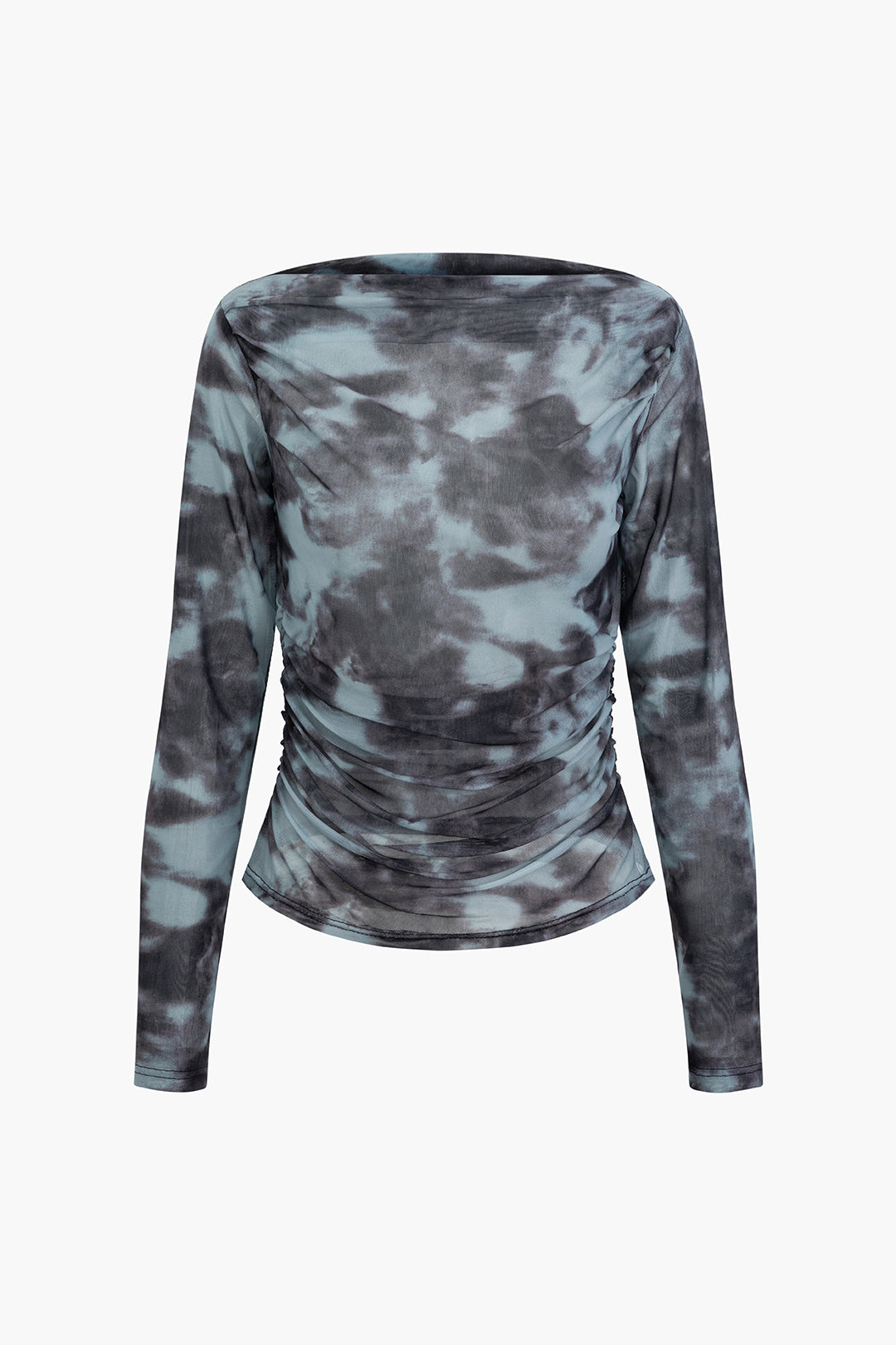 Tie-dye Boat Neck Mesh Ruched Long Sleeve Top