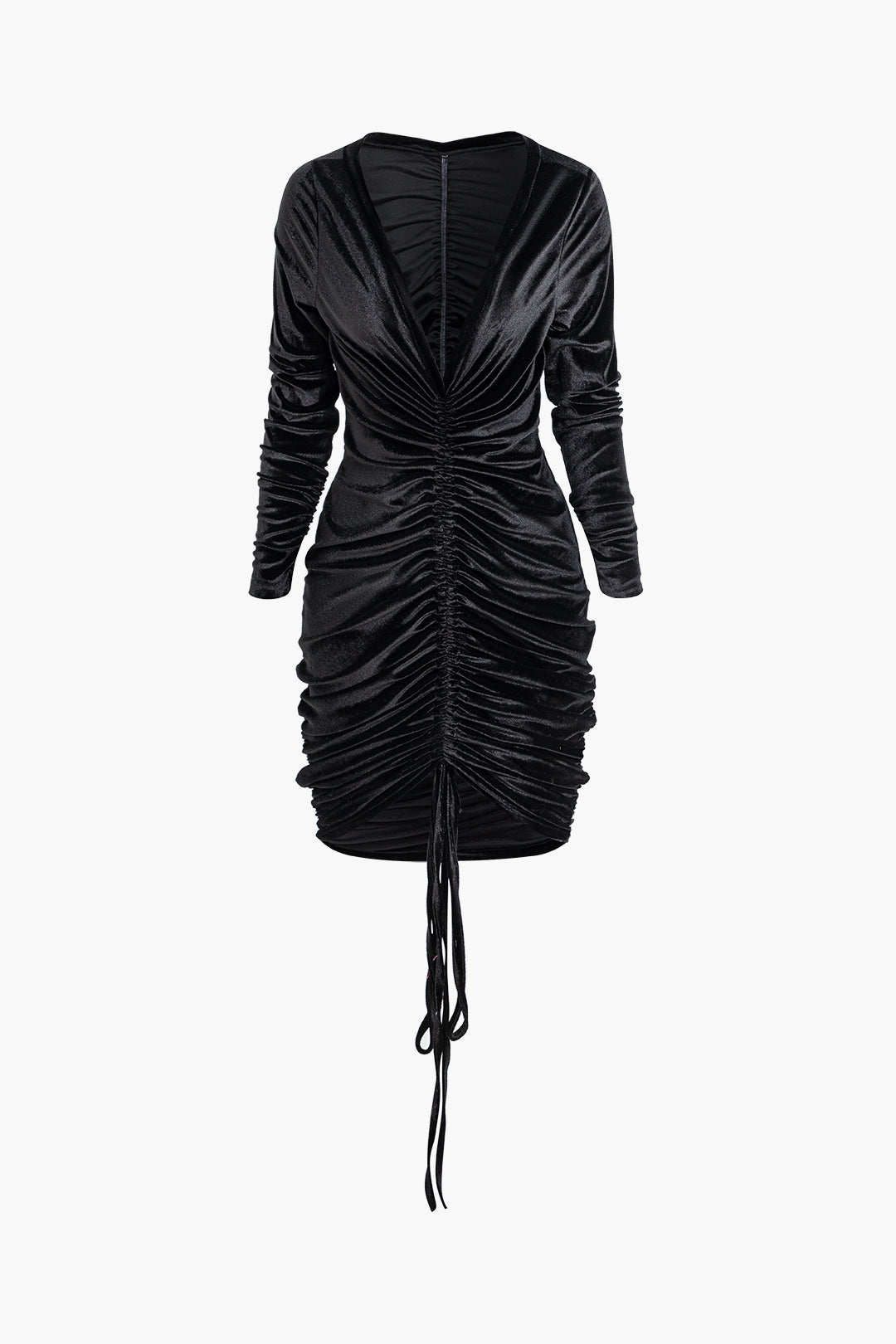 V-neck Ruched Velvet Drawstring Long Sleeve Midi Dress