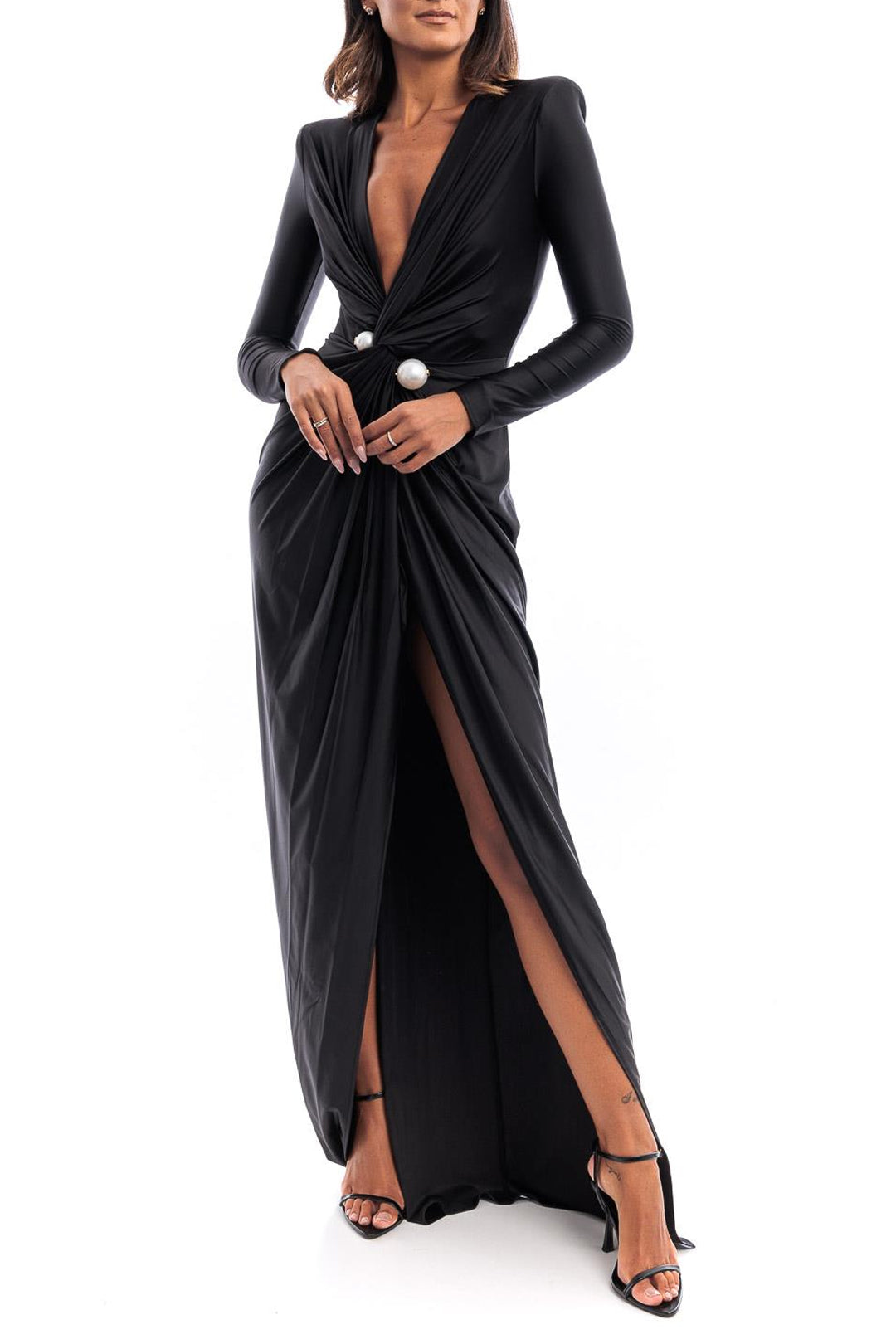 V-neck Pearl Cross Twist Front Ruched Long Sleeve Maxi Dress