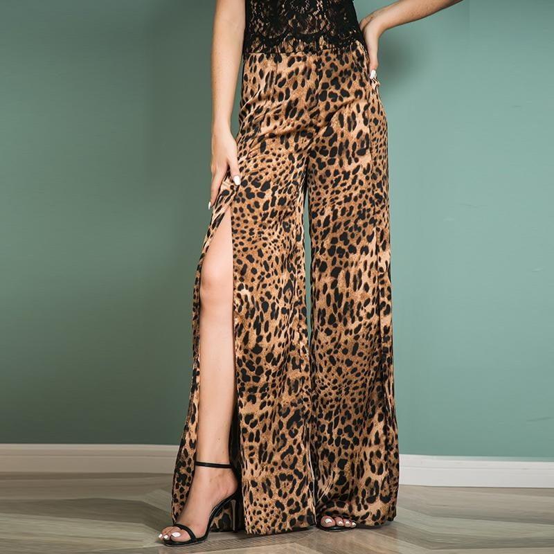 Long Wide Leg Leopard Split Pants