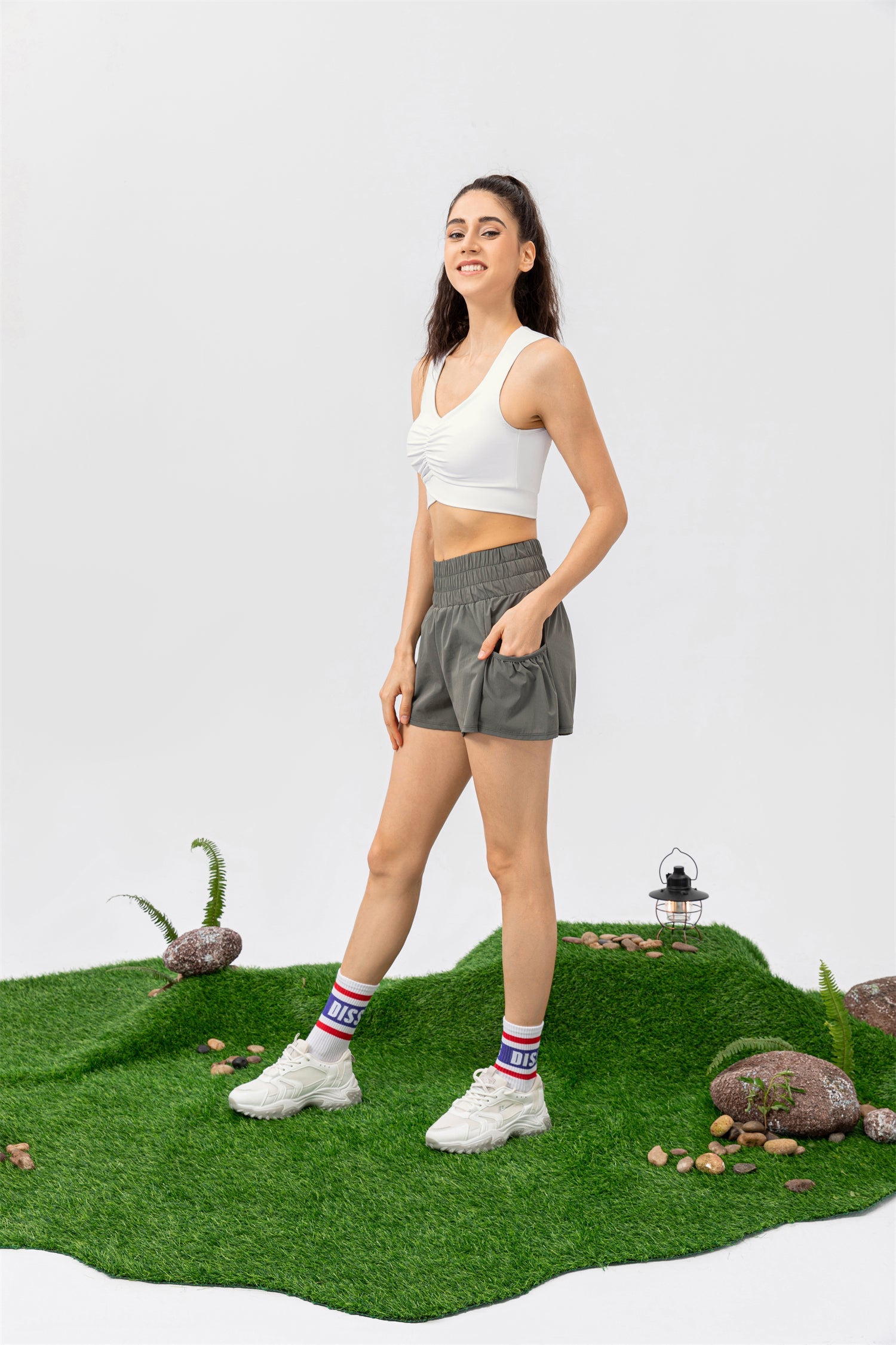 High Waisted Elastic Waistband Pocket Sport Shorts