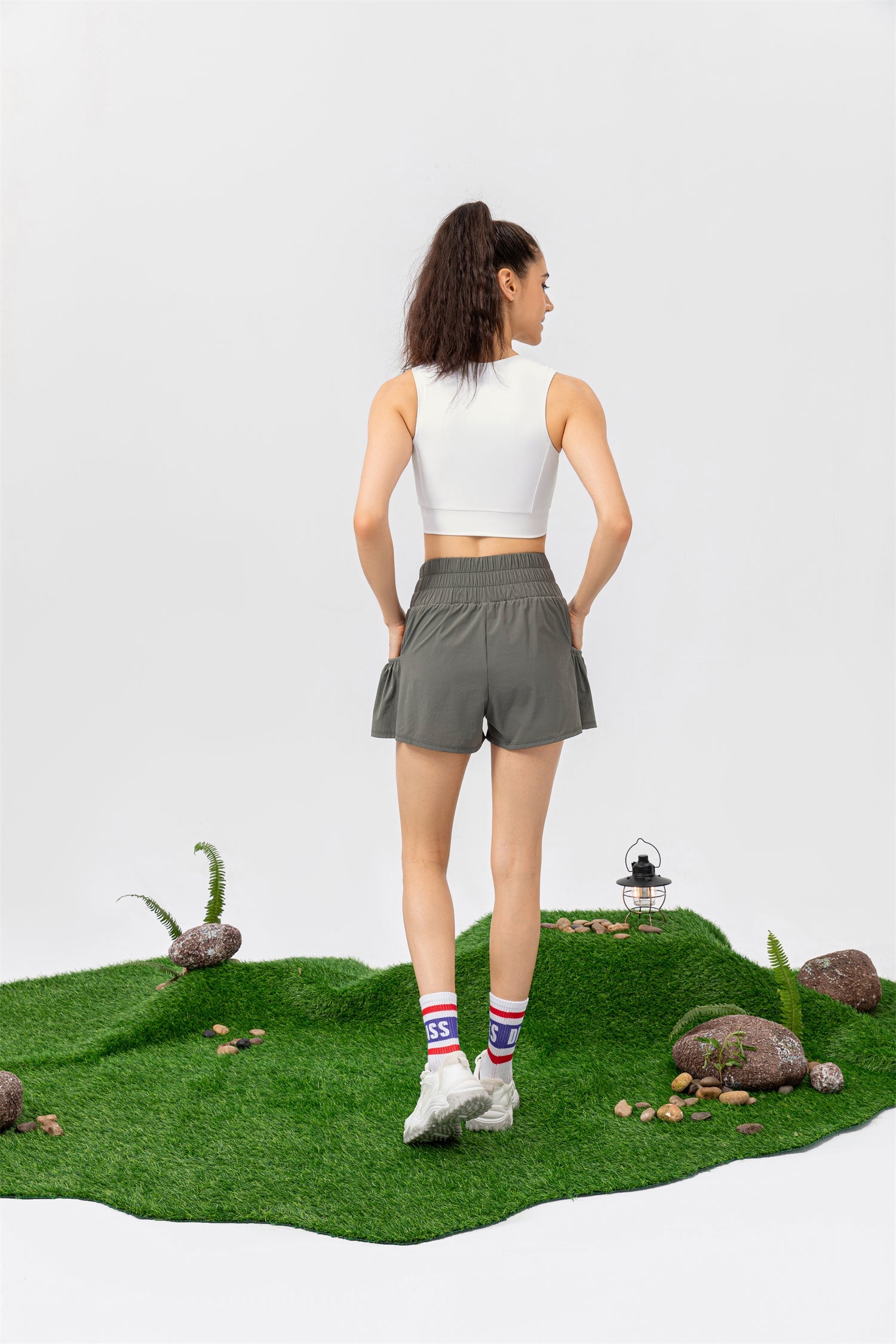 High Waisted Elastic Waistband Pocket Sport Shorts