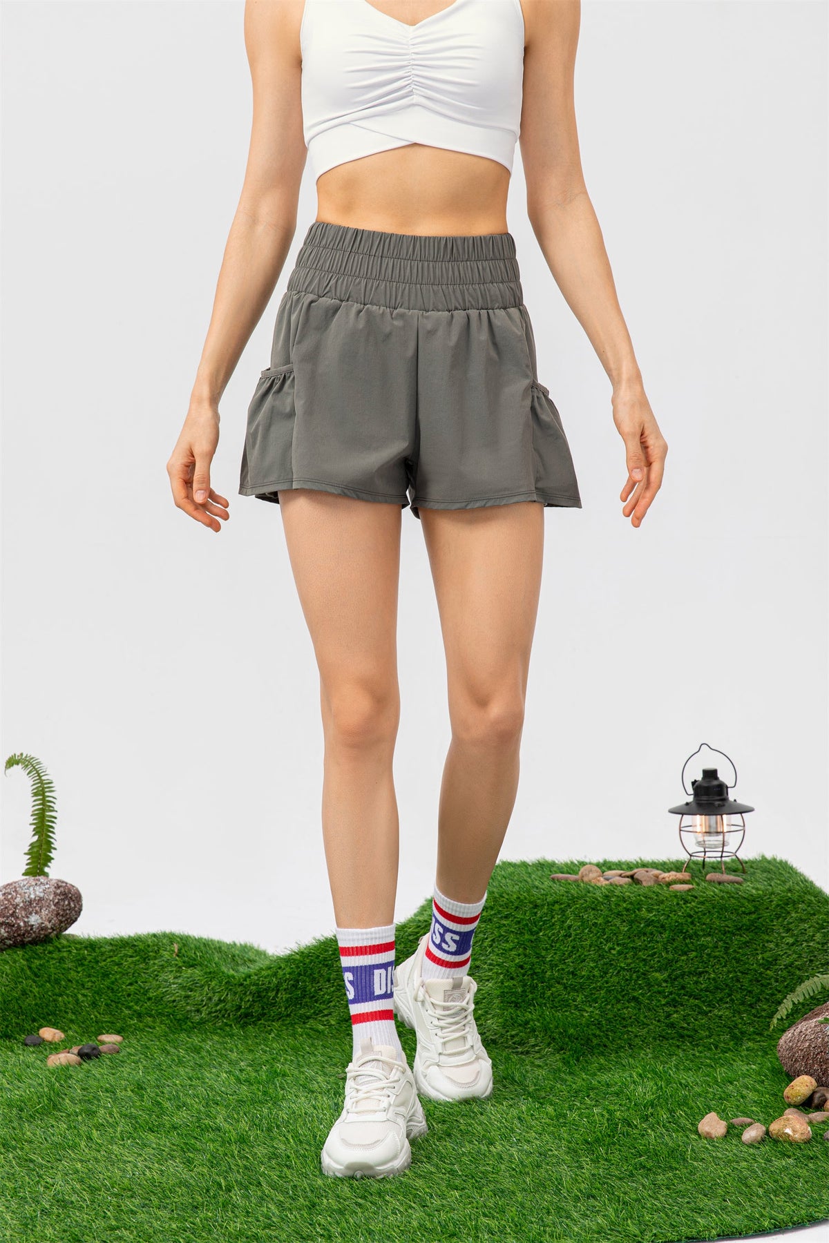 High Waisted Elastic Waistband Pocket Sport Shorts