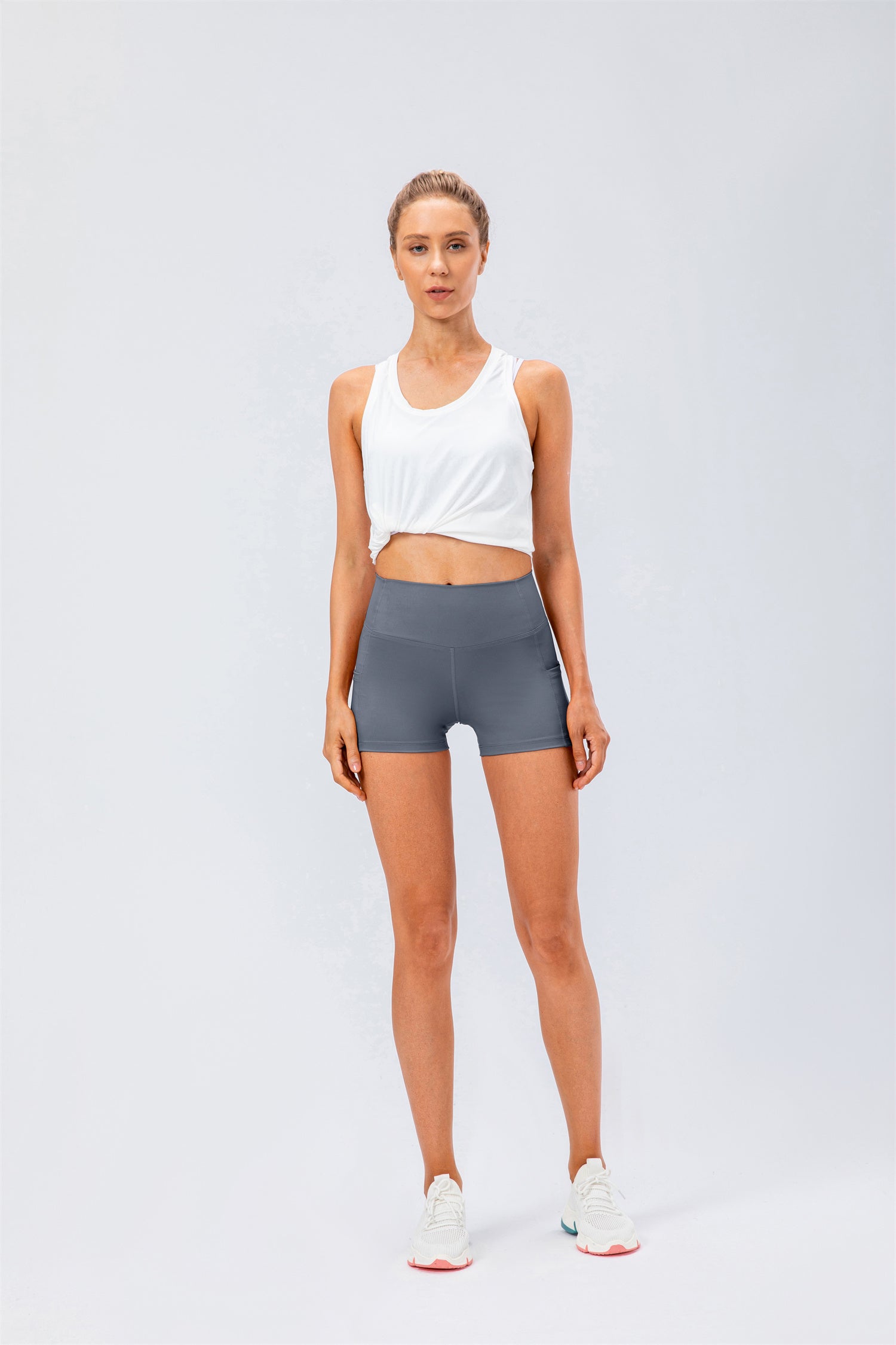 High Waisted Side Pocket Biker Shorts-Cloud