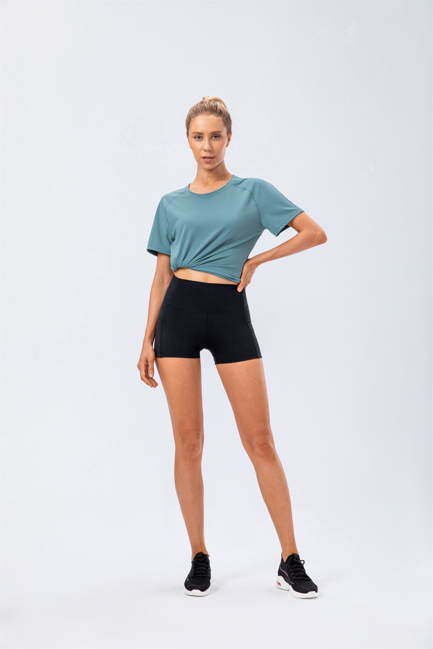 High Waisted Side Pocket Biker Shorts-Cloud