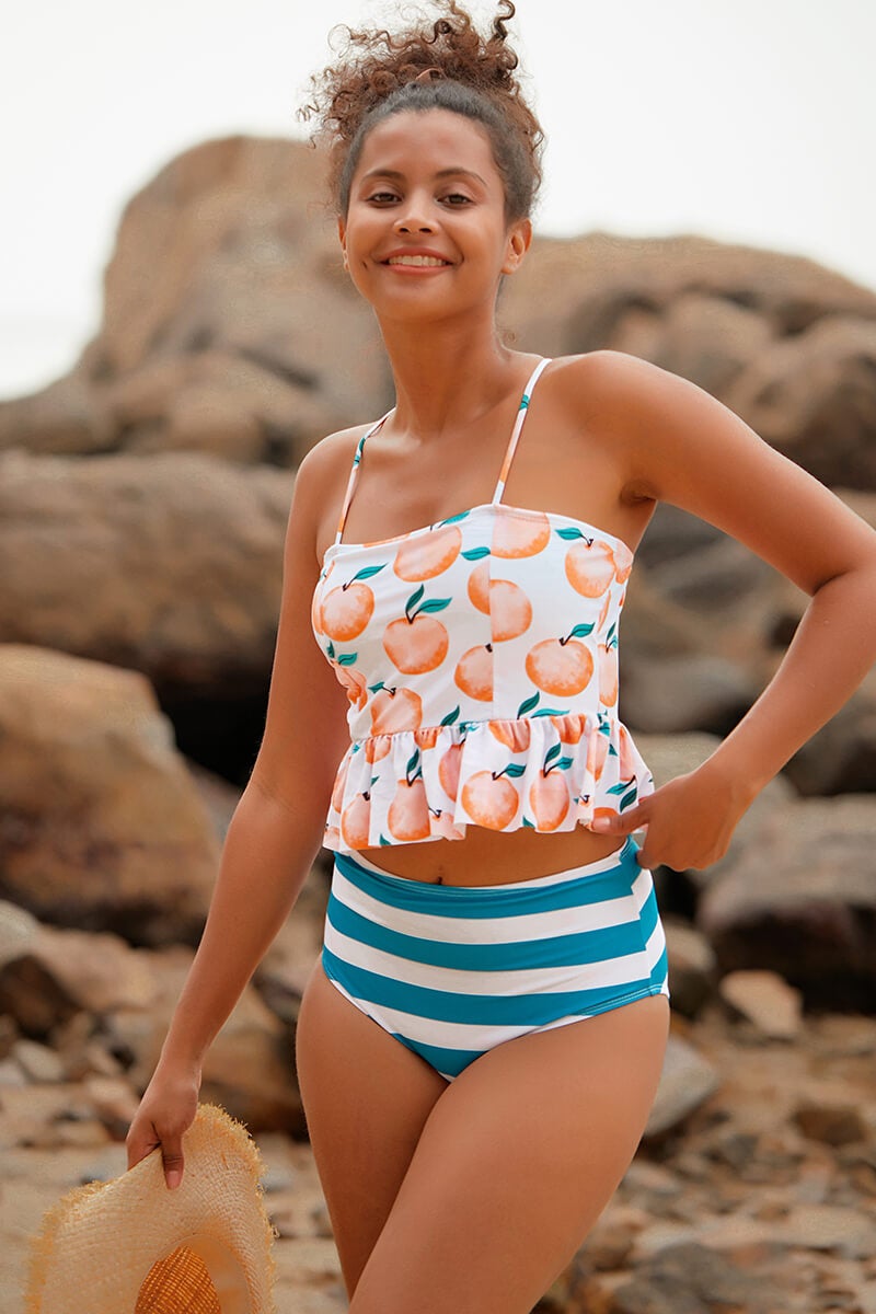 Fruit Print Feminine Striped Spaghetti Strap Tankini