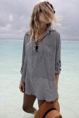Revneu  Leisure Lace Up Striped Printed High Low Hemline Cover Up Blouse