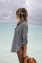 Revneu  Leisure Lace Up Striped Printed High Low Hemline Cover Up Blouse