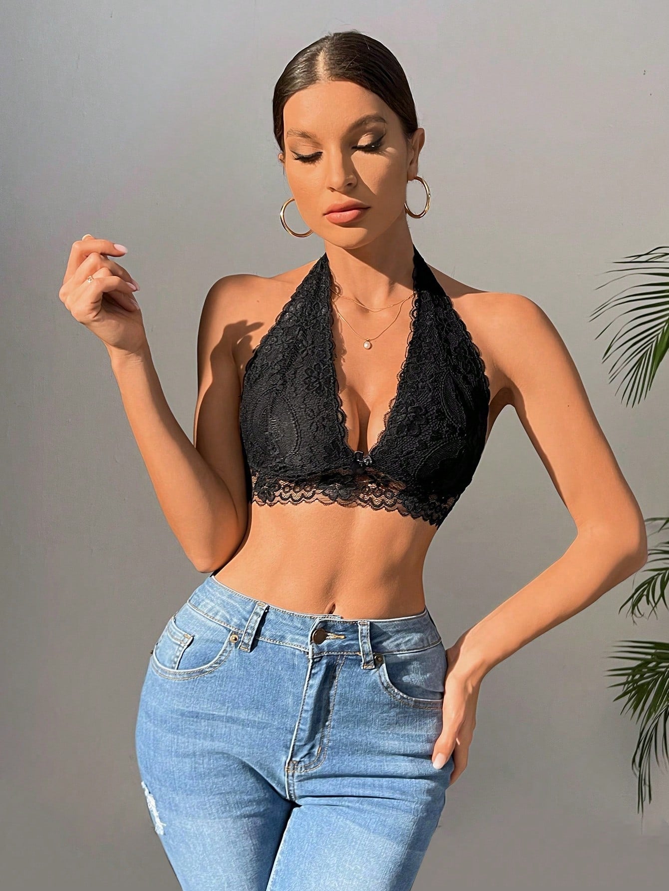 Sexy Triangle Cup Lace Wireless Bralette Black