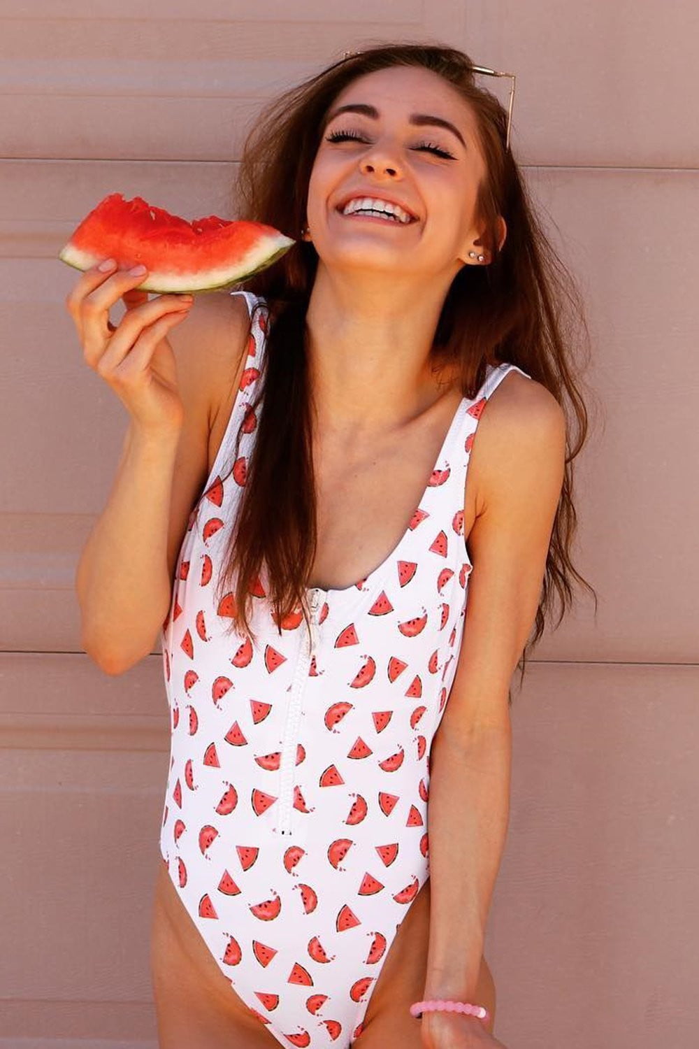 Watermelon Print Zipper Up One Piece Swimsuit