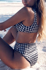 Black Check Tie Front Bikini Top