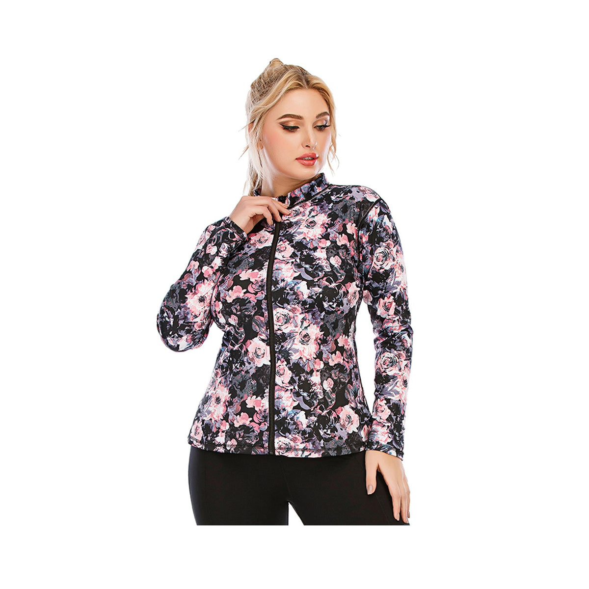 Printed Workout Jacket Front Zipper for Plus Size