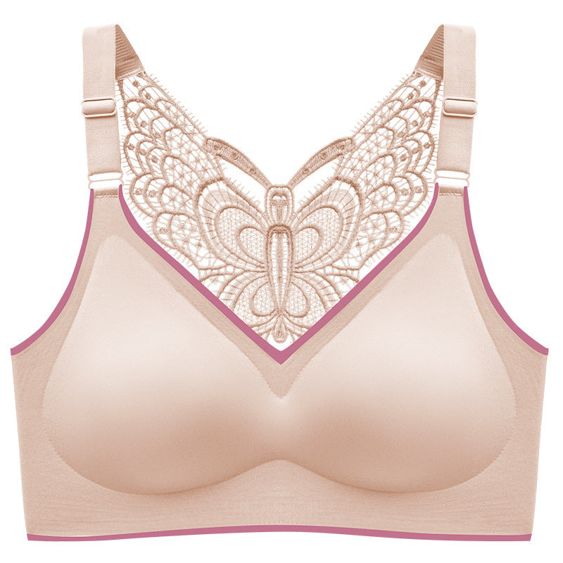 Butterfly Lace Plus Size Wireless Bra Beige