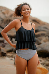 Revneu  Stripe Patchwork Romantic Layered Ruffles Tankini