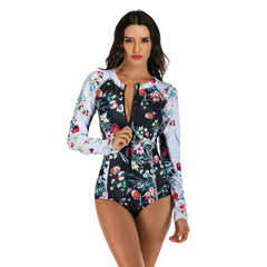 One Piece Floral Swimsuit Long Sleeve Bathing Suit for Women