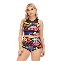 SiySiy Plus Size Two Piece Crew Neck Sleeveless Swimwear Triangle Bottom Letter Color Pattern Swimsuit