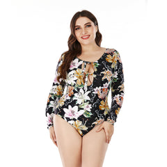 Plus Size Long Sleeve Rash Guard One Piece Printing Bathing Suits