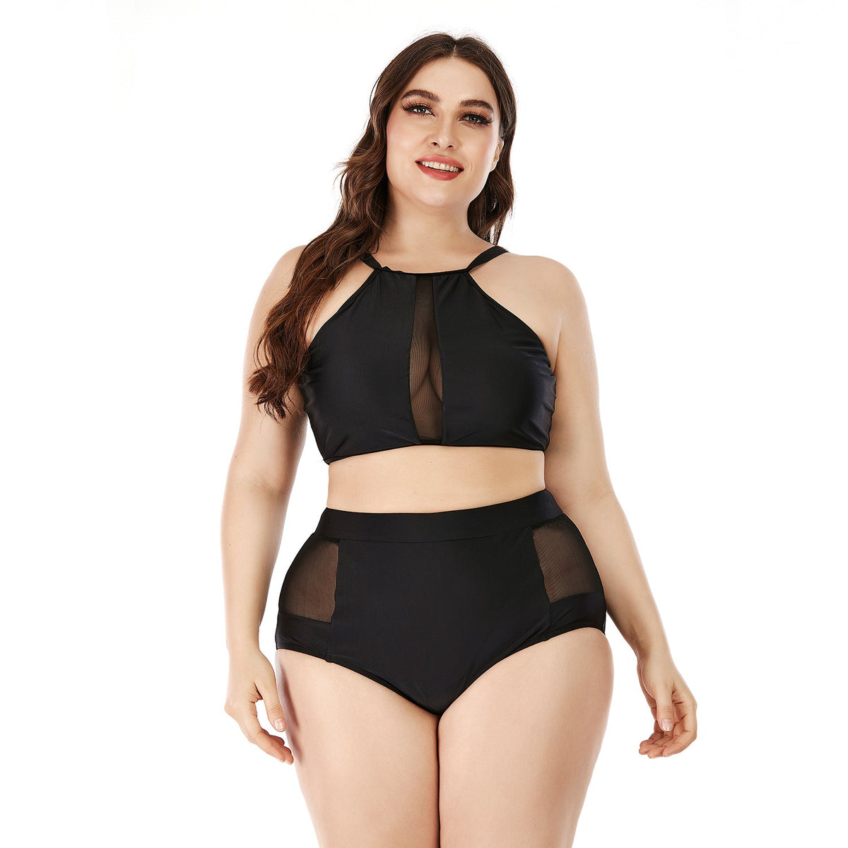 SiySiy Plus Size Two Piece Swimsuit Mesh Pure Black Swimsuit