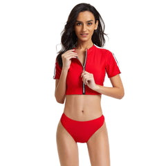 Short Sleeve Swimsuits Crop Top Surfing Suits Red Rash Guard