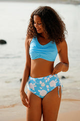 Revneu  Blue And Flower Print Sweet Twisted Bikini