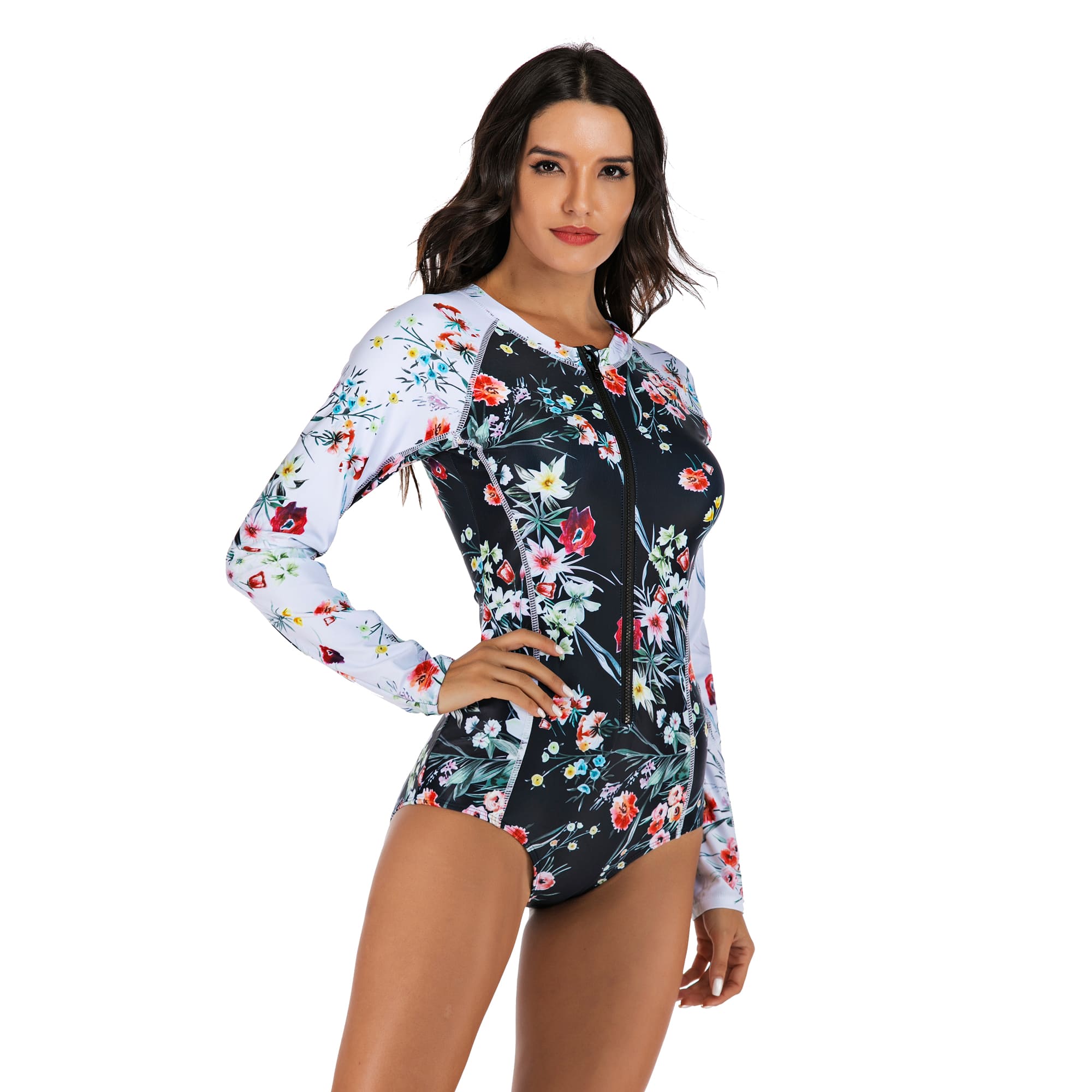 One Piece Floral Swimsuit Long Sleeve Bathing Suit for Women