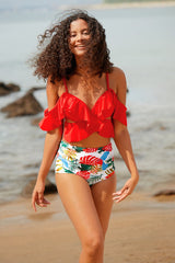 Floral Print Ruffles Feminine Off Shoulder Bikini