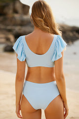 Revneu  Blue Solid Color Ruffle Sweet Bikini