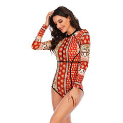 Long Sleeve Swimsuit Retro Printed One Piece Bathing Suit