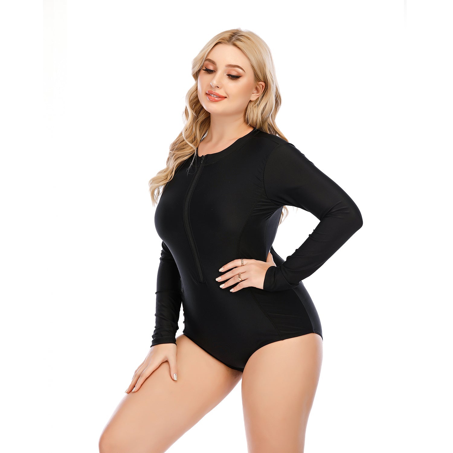 Plus Size Long Sleeve One Piece Rash Guard Zip Swimsuits