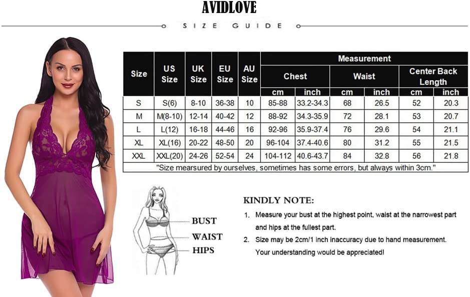 Avidlove Lingerie Halter Chemise Lace Babydoll Mesh Nightwear V Neck Teddy