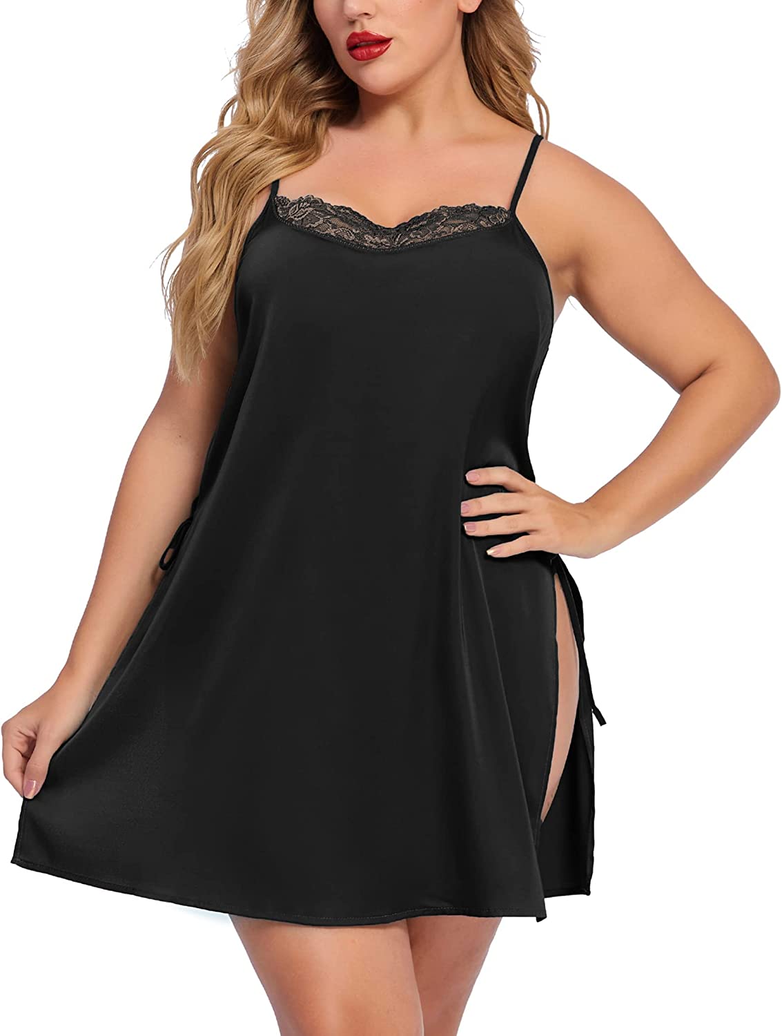 Avidlove Plus Size Lace Babydoll Lingerie Side Slit Strappy Chemise Sleepwear