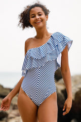 Striped On-trend Irregular Falbala One Piece Swimwear