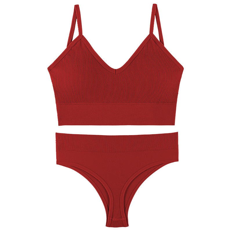 Smooth Comfortable French Triangle Cup Wireless Push-Up Bra & Underwear Set DarkRed