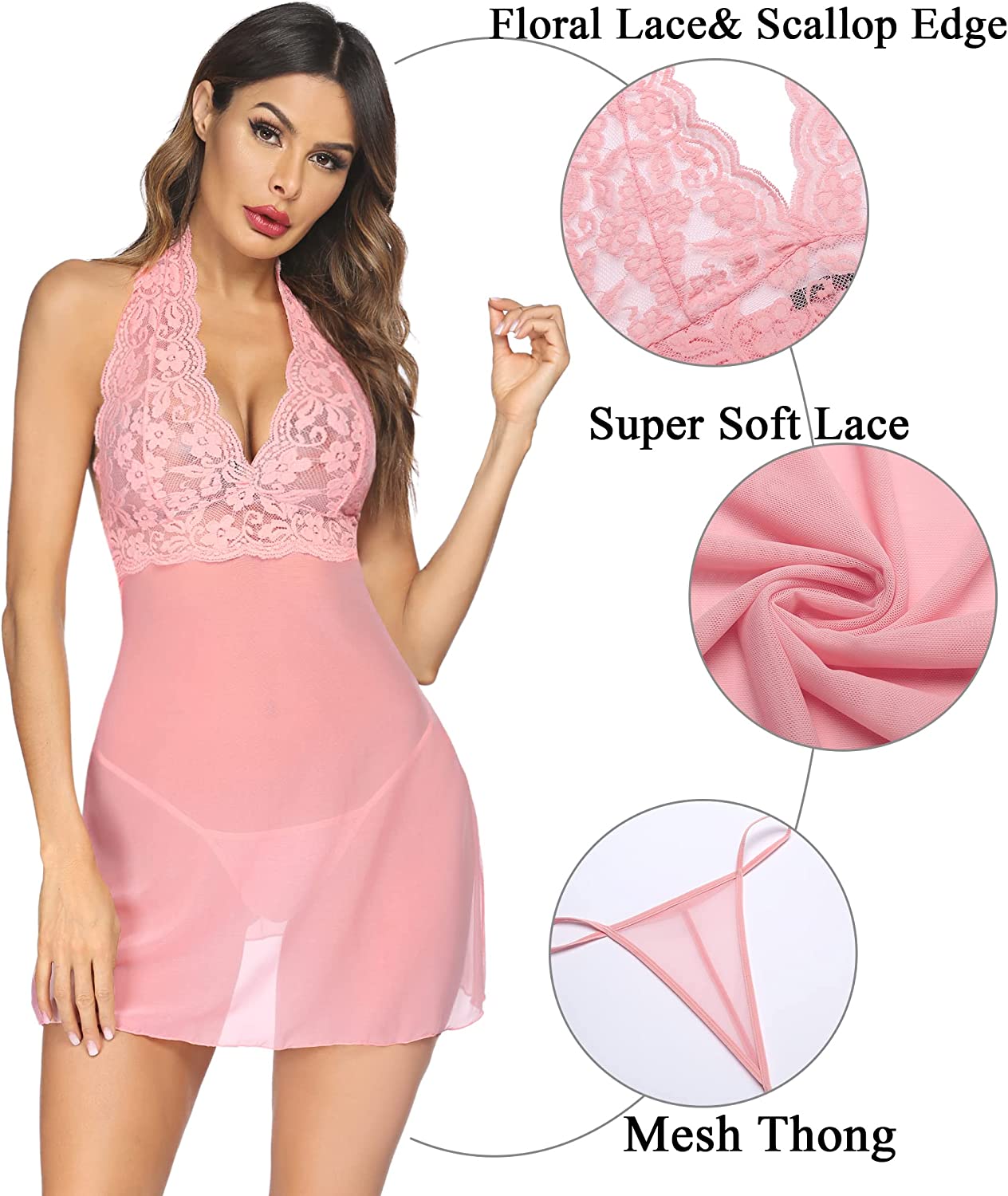 Avidlove Lingerie Halter Chemise Lace Babydoll Mesh Nightwear V Neck Teddy